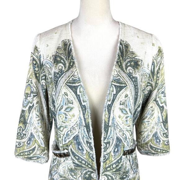Chico's Sz 0 Embellished Heritage Soft Cotton Tweed Green Open Spring Jacket - Picture 6 of 14